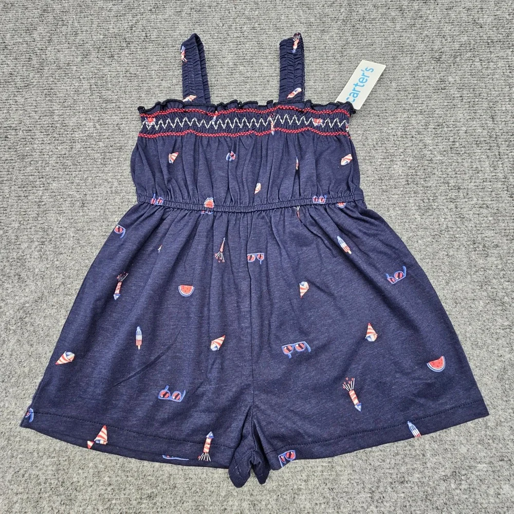 Carter's Romper Toddler 4T Summer Icons Navy Blue Smocked Cotton‎ Jumpsuit